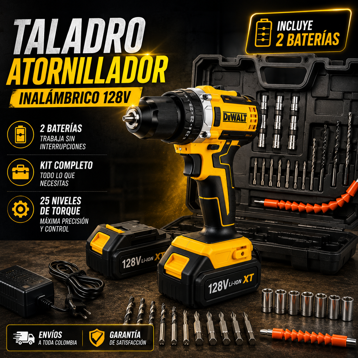 Taladro Inalámbrico 128V + 2 Baterías + Kit Completo